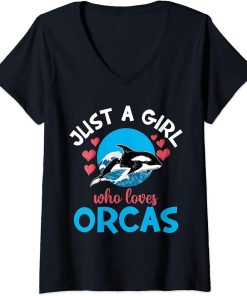 Womens Funny Whales Just A Girl Who Loves Orcas Orca Ocean Lovers V-Neck T-Shirt