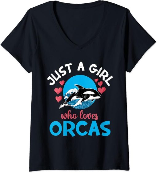 Womens Funny Whales Just A Girl Who Loves Orcas Orca Ocean Lovers V-Neck T-Shirt