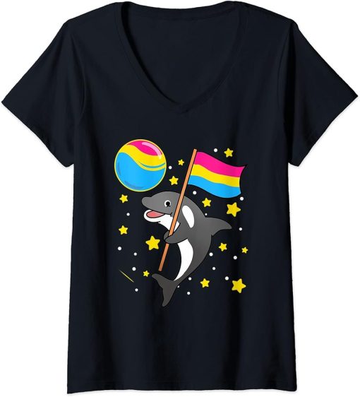 Womens Orca In Space Pan Pride V-Neck T-Shirt