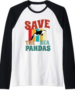 Retro Vintage Style - Save The Sea Pandas - I Love Orca Raglan Baseball Tee